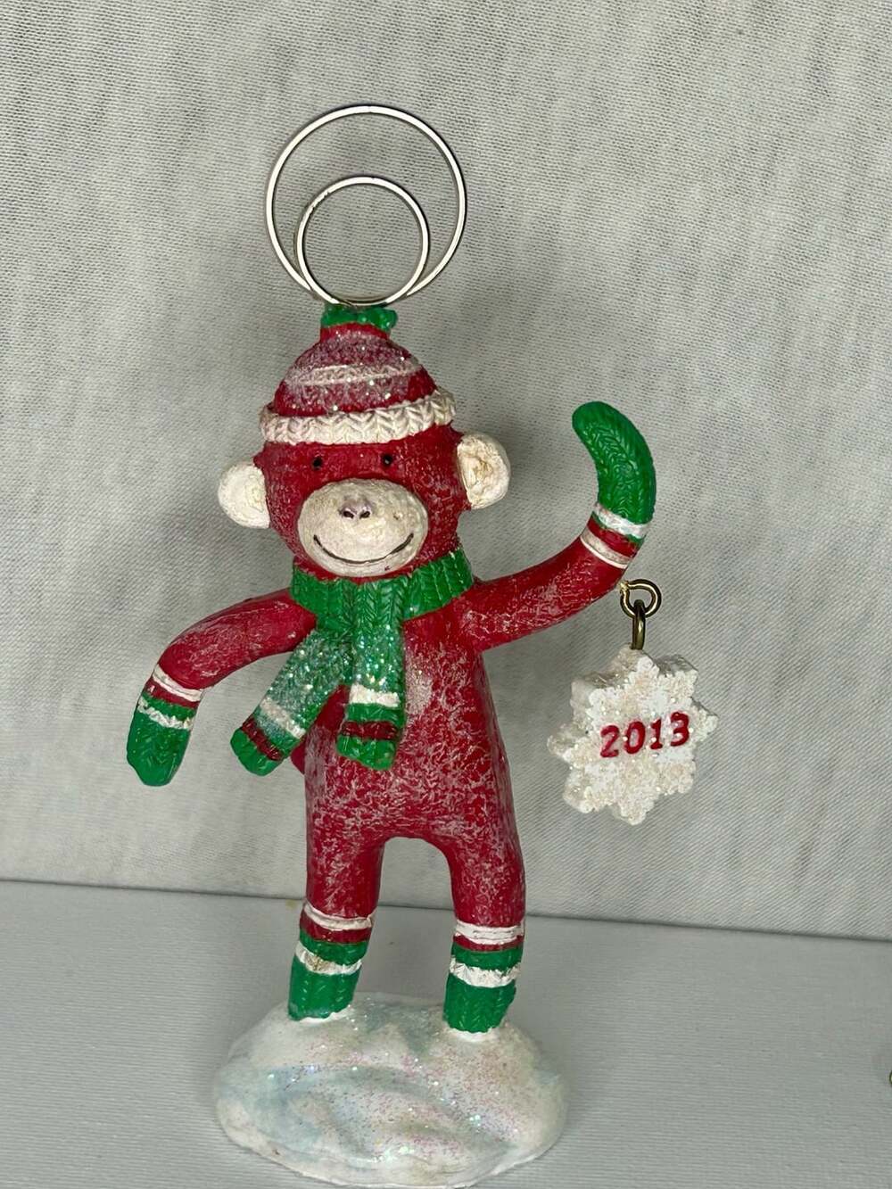 Cracker Barrel Sock Monkey 2013 Christmas Place Card Holder Ornament